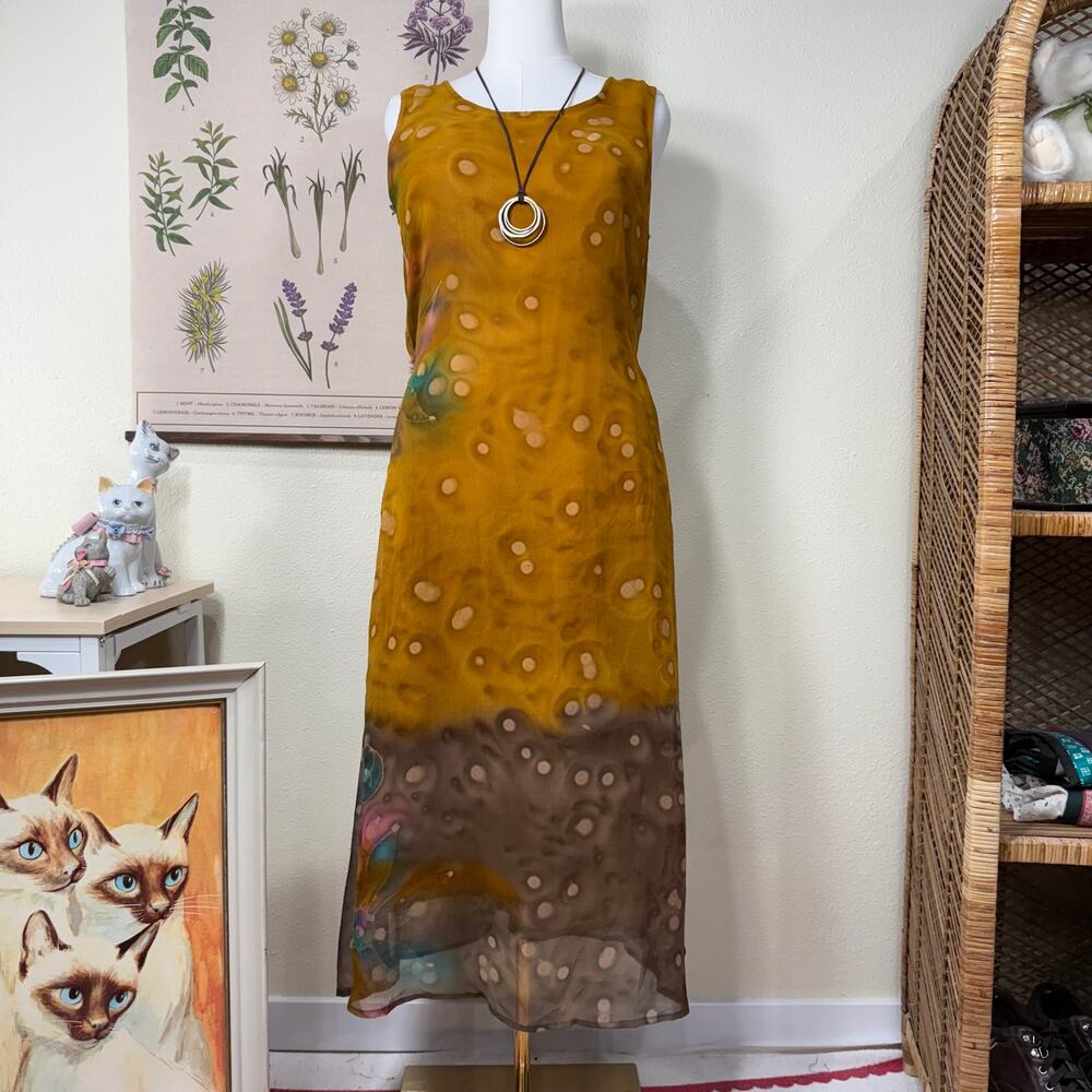 Vintage 80s 90s Tie Back Watercolor Midi Dress Fairy Grunge Boho Hippie Whimsy L